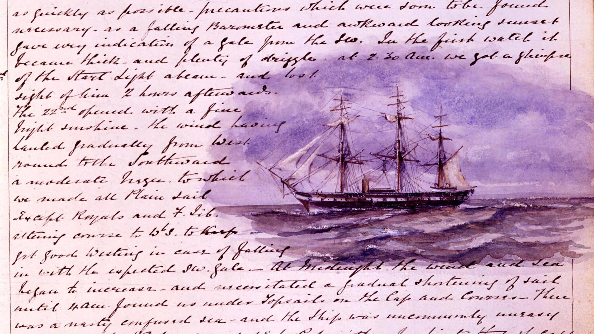 Die erste Seite aus Lieutenant Pelham Aldrichs Tagebuch zeigt das Segelschiff HMS Challenger. Aldrich diente auf der Challenger von 1872 bis 1875.