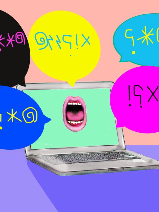Ein Mund auf einem Laptop-Bildschirm, der Flüche brüllt