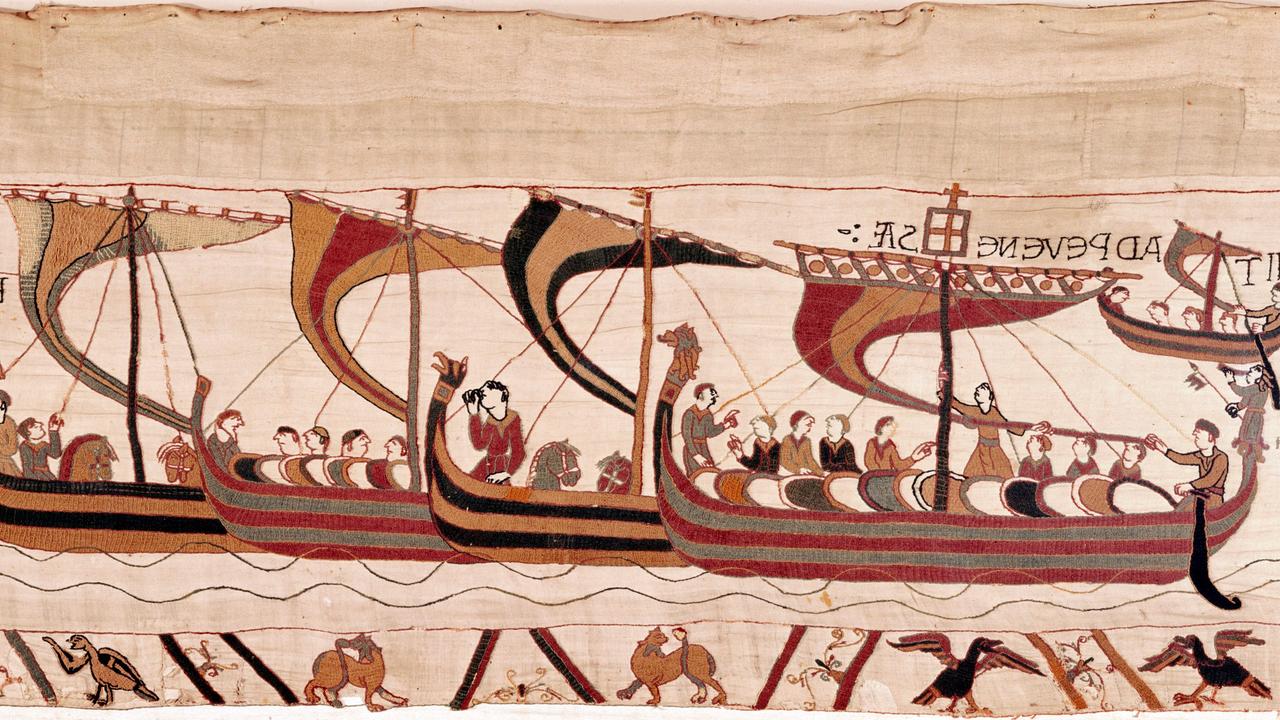 Detail aus dem Teppich von Bayeux, Szene 38: Der Normannenherzog Wilhelm und sein Heer bei der Überfahrt nach England im September 1066.