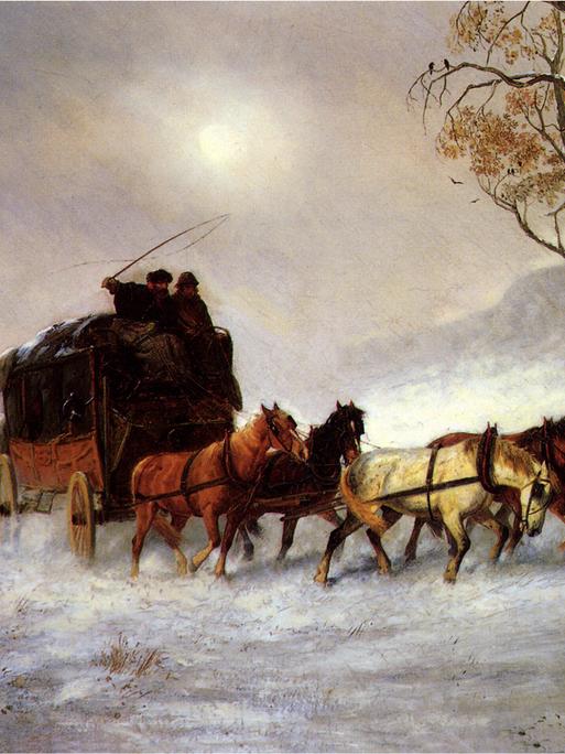 Gemälde von einer Kutsche, die von fünf Pferden auf schneebedeckte Berge gezogen wird. Auf dem Kutschbock sitzen zwei Männer, einer schwingt eine Peitsche. 