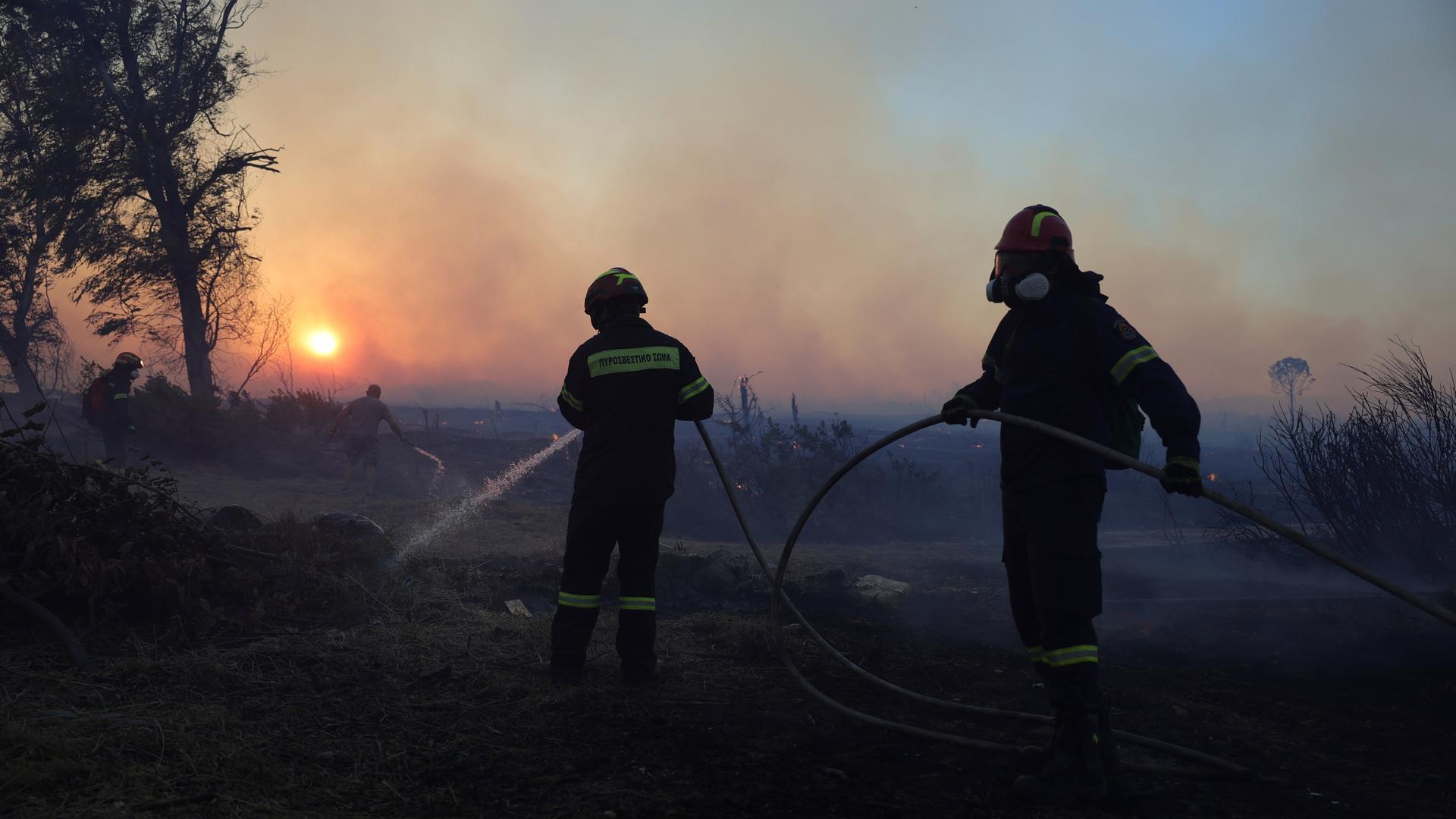 Feuerwehrleute versuchen, nahe Athen einen Flächenbrand im nordwestlichen Vorort Kryoneri zu löschen. 