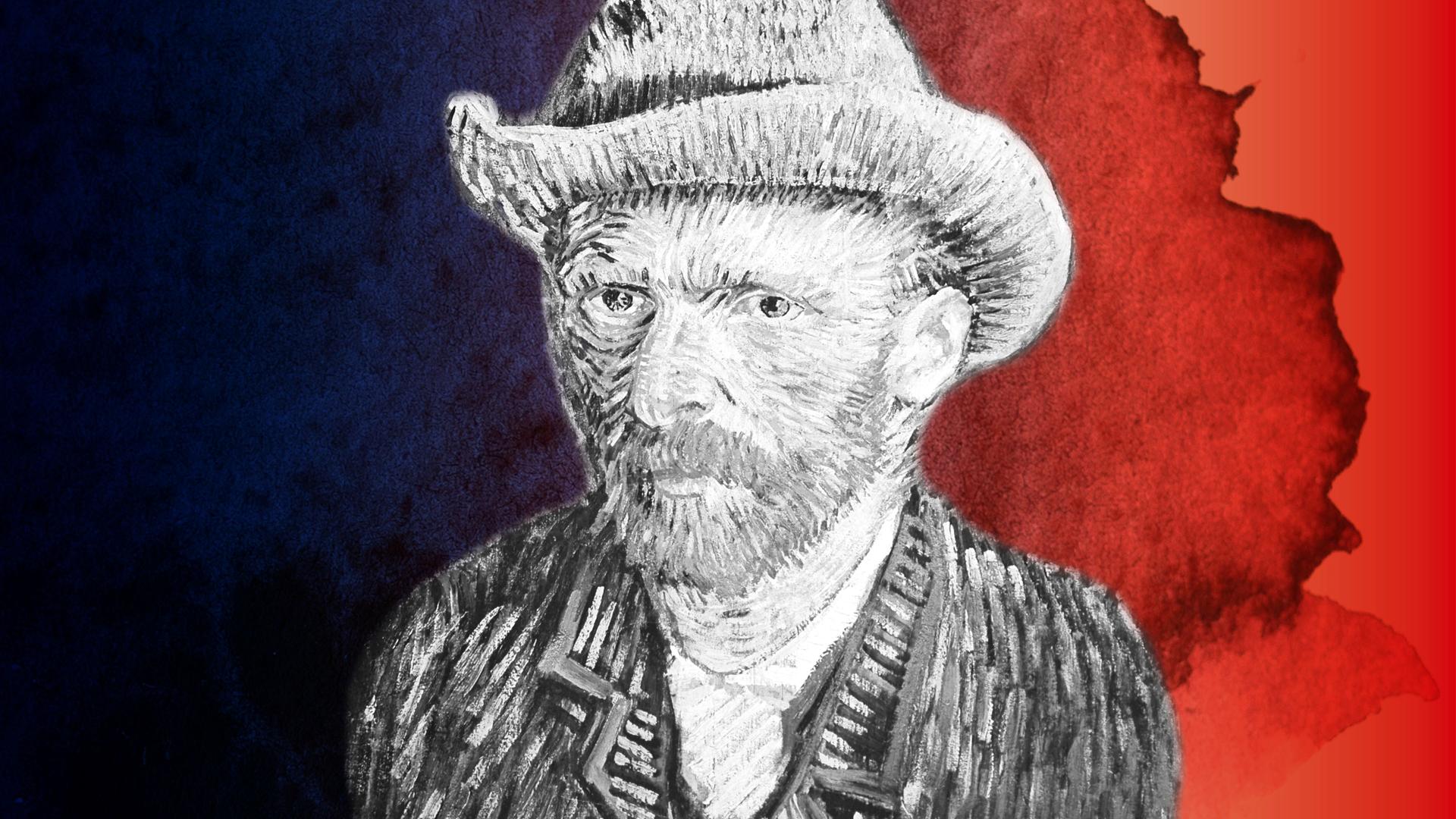 Vincent van Gogh vor einem blau-roten Hintergrund.