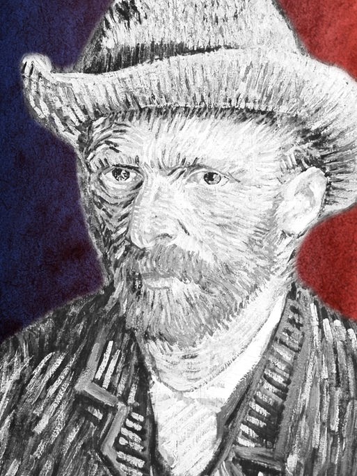 Vincent van Gogh vor einem blau-roten Hintergrund.