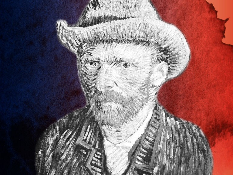 Vincent van Gogh vor einem blau-roten Hintergrund.