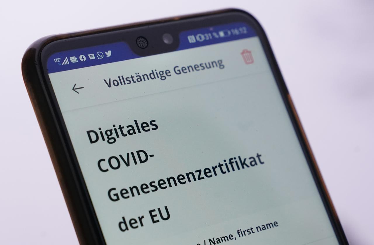 Ein Mann hält sein Smartphone mit einem digitalen Covid-Genesenenzertifikat