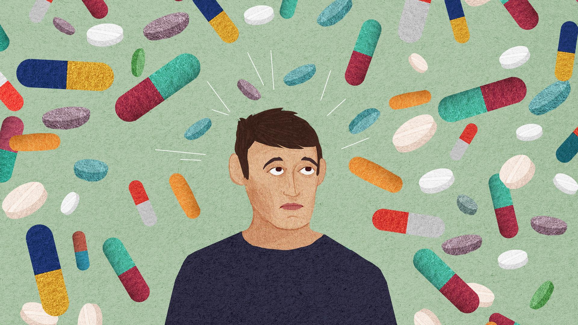 Illustration: Besorgter Mann umgeben von viele, bunten n Pillen 
