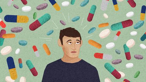 Illustration: Besorgter Mann umgeben von viele, bunten n Pillen 