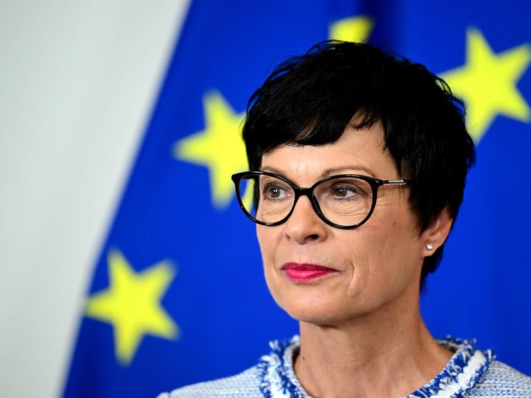 EU-Kommissarin Marta Kos steht vor der Europa-Flagge EU-Kommissarin Marta Kos steht vor der Europa-Flagge