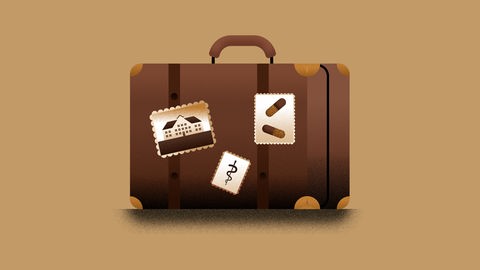 Abstrakte Zeichnung eines alten braunen Reisekoffers, auf dem 3 Kofferaufkleber zu sehen sind: ein Bild des Kinderheims, eines mit Pillen und eines mit dem Äskulapstab