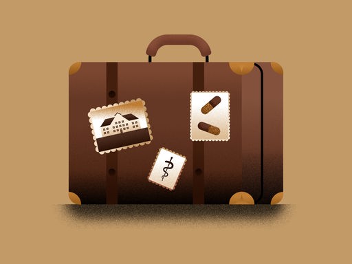 Abstrakte Zeichnung eines alten braunen Reisekoffers, auf dem 3 Kofferaufkleber zu sehen sind: ein Bild des Kinderheims, eines mit Pillen und eines mit dem Äskulapstab