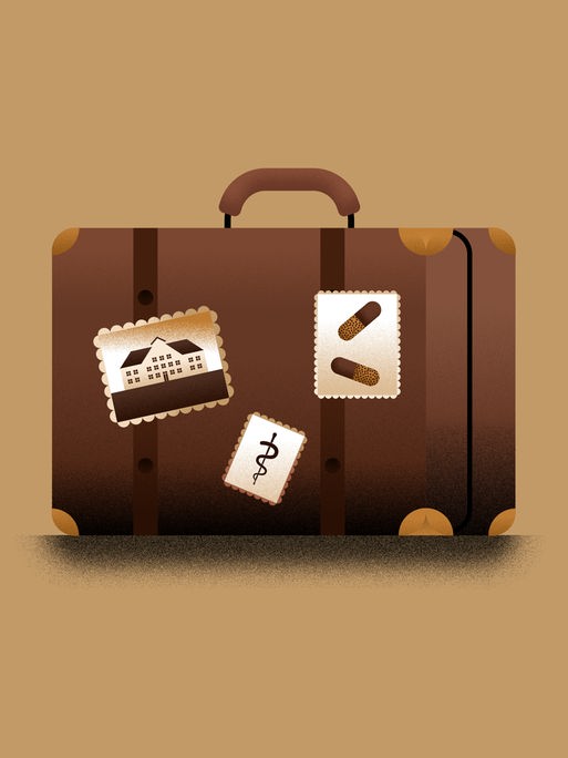 Abstrakte Zeichnung eines alten braunen Reisekoffers, auf dem 3 Kofferaufkleber zu sehen sind: ein Bild des Kinderheims, eines mit Pillen und eines mit dem Äskulapstab