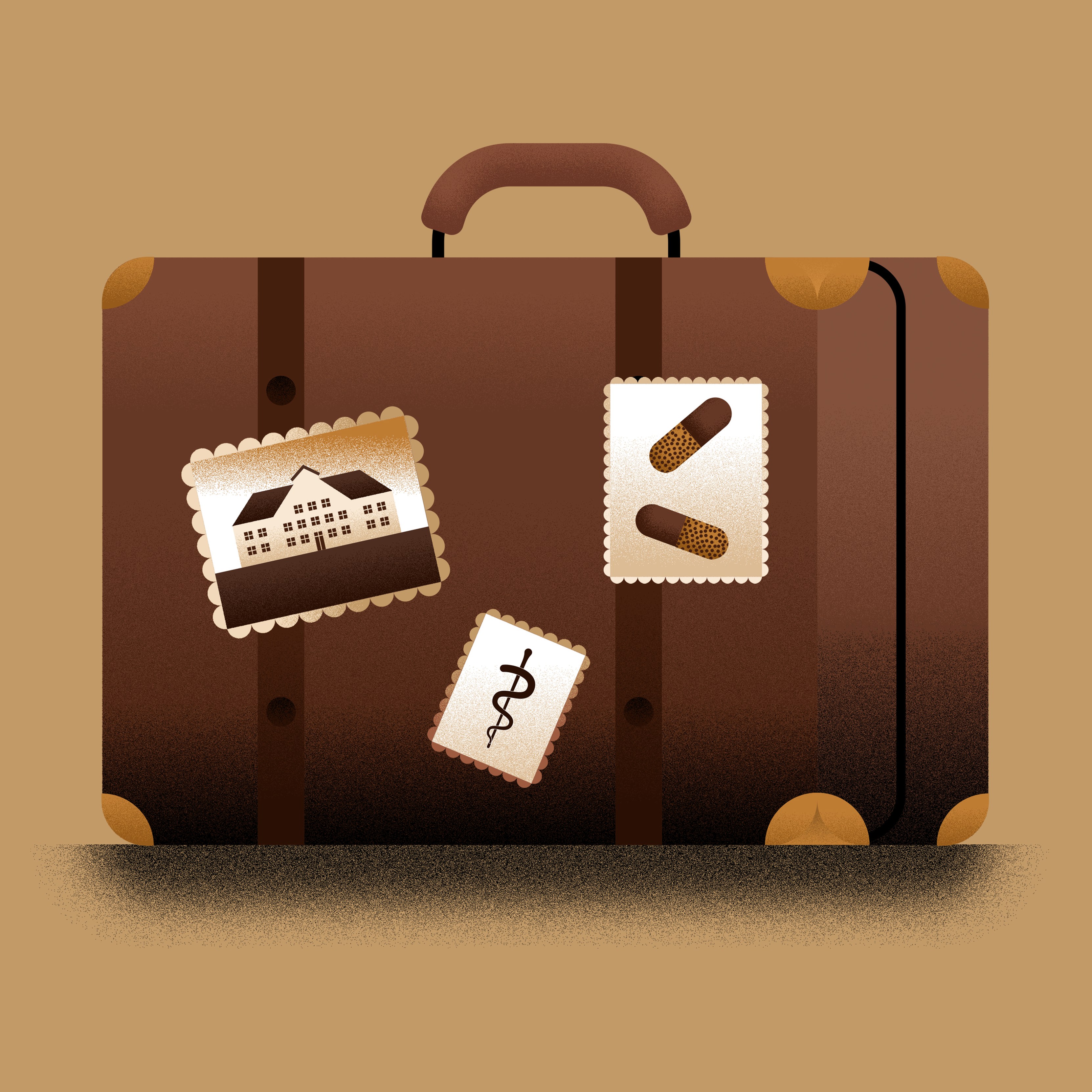 Abstrakte Zeichnung eines alten braunen Reisekoffers, auf dem 3 Kofferaufkleber zu sehen sind: ein Bild des Kinderheims, eines mit Pillen und eines mit dem Äskulapstab