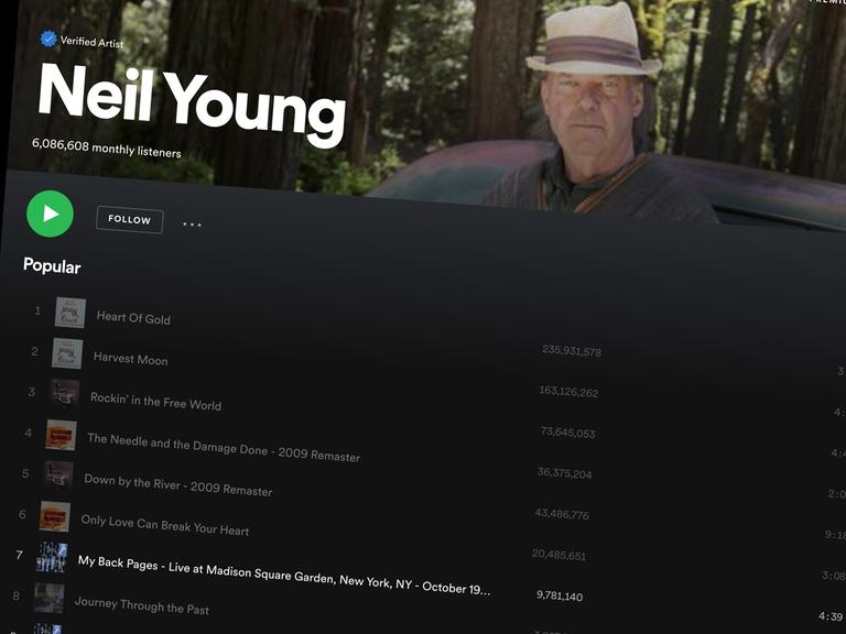 Neil Young auf Spotify. Seine Songs sind ausgegraut und nicht mehr abspielbar.

