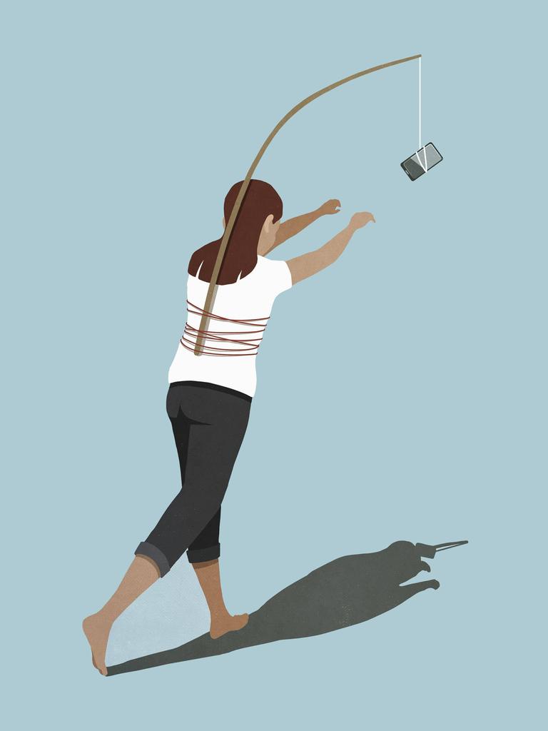 Illustration: Eine Frau jagt einem Mobiltelefon hinterher, das auf Ihrem Rücken an eine Angel gebunden ist.