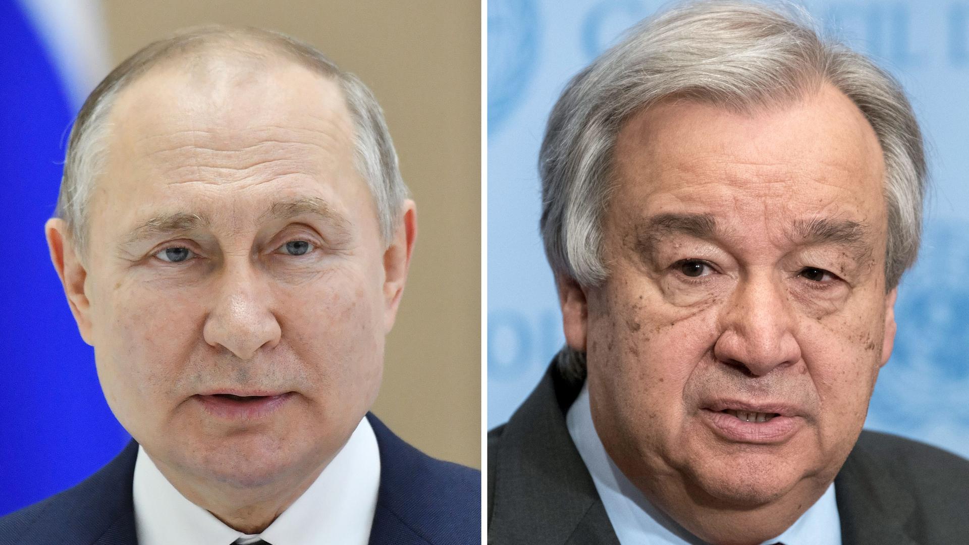 Bildkombo mit Russlands Präsident Wladimir Putin (links) und UNO-Genealsekretär António Guterres (rechts)