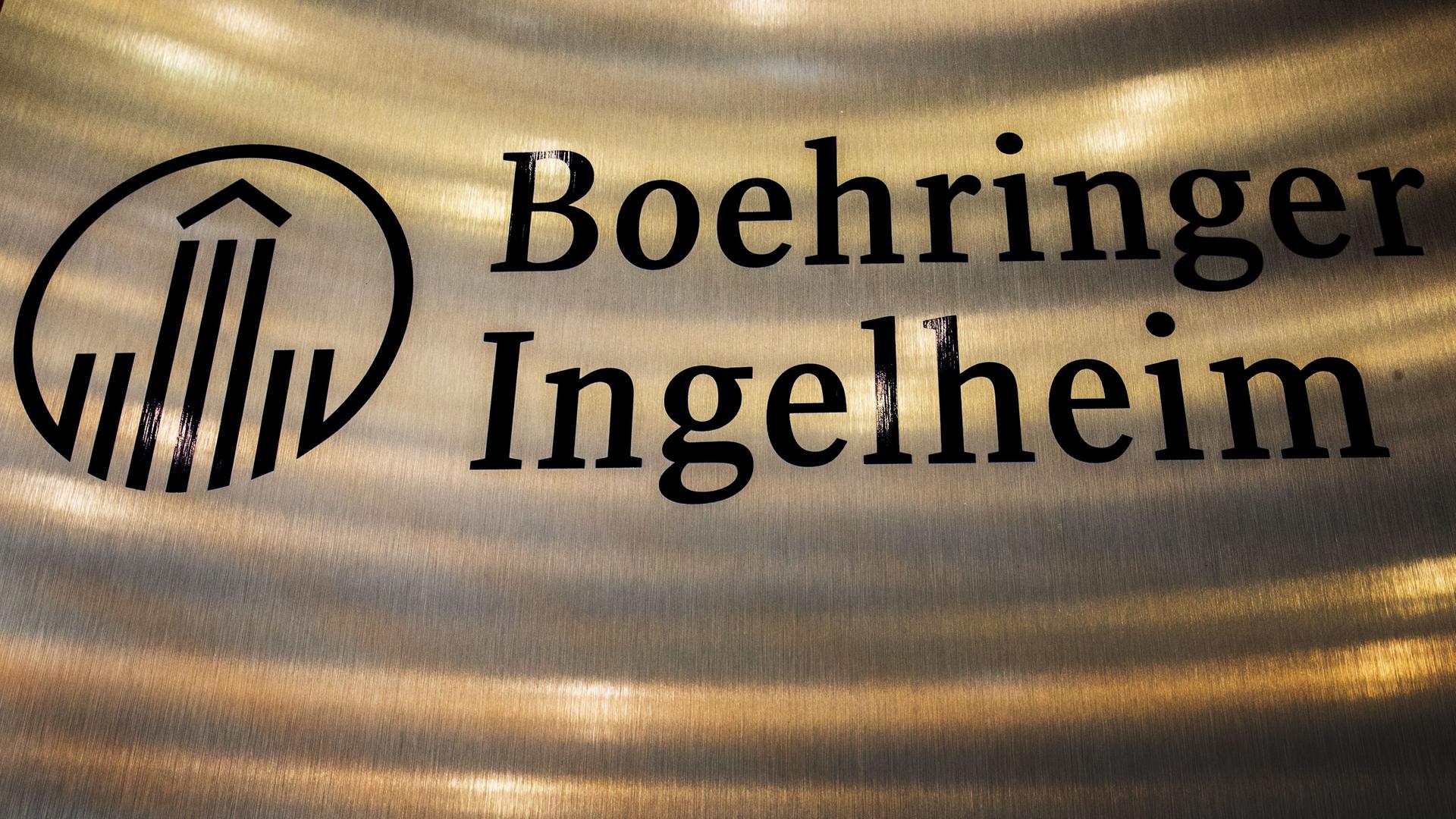 Auf einer Edelstahltafel steht das Firmenlogo des Pharmakonzerns Boehringer Ingelheim, (Rheinland-Pfalz, Ingelheim am Rhein).