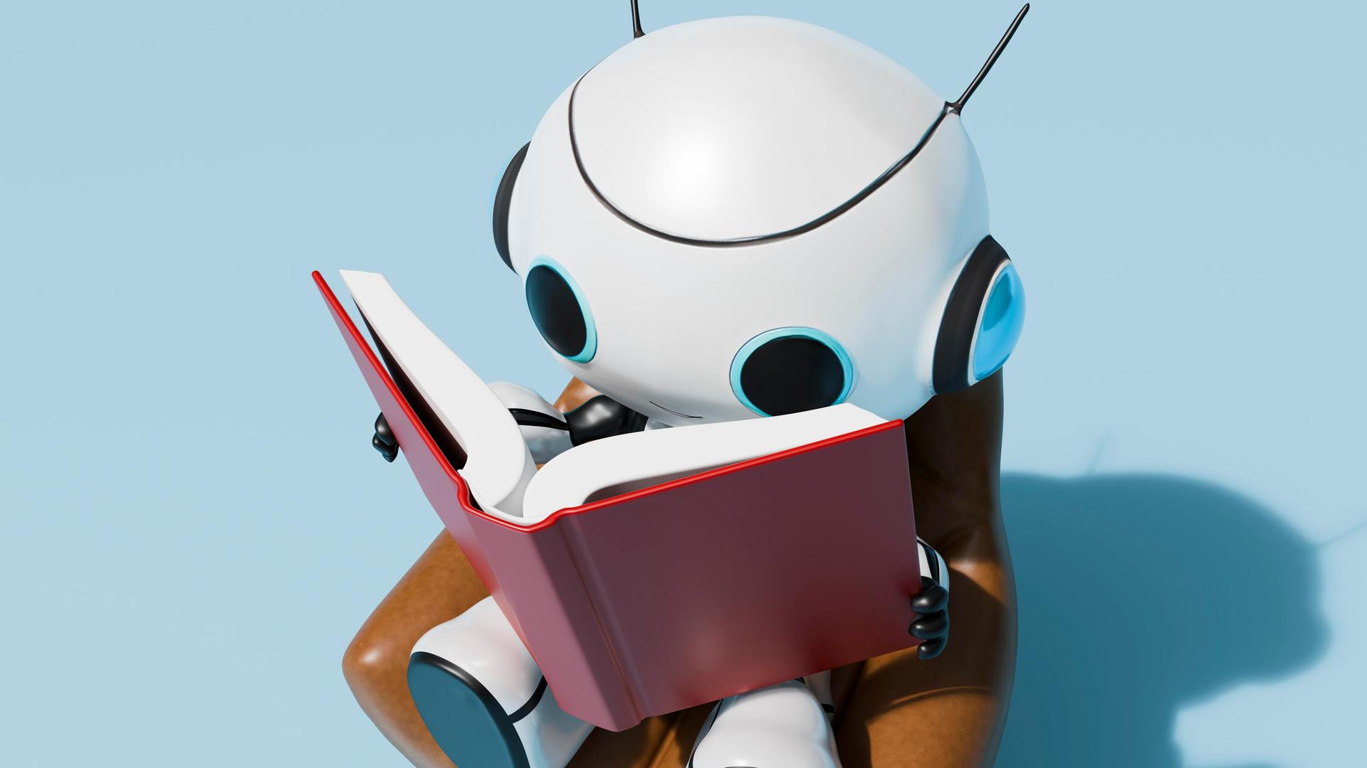 Ein Roboter mit einem Buch vor einem blauen Hintergrund