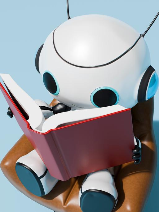 Ein Roboter mit einem Buch vor einem blauen Hintergrund
