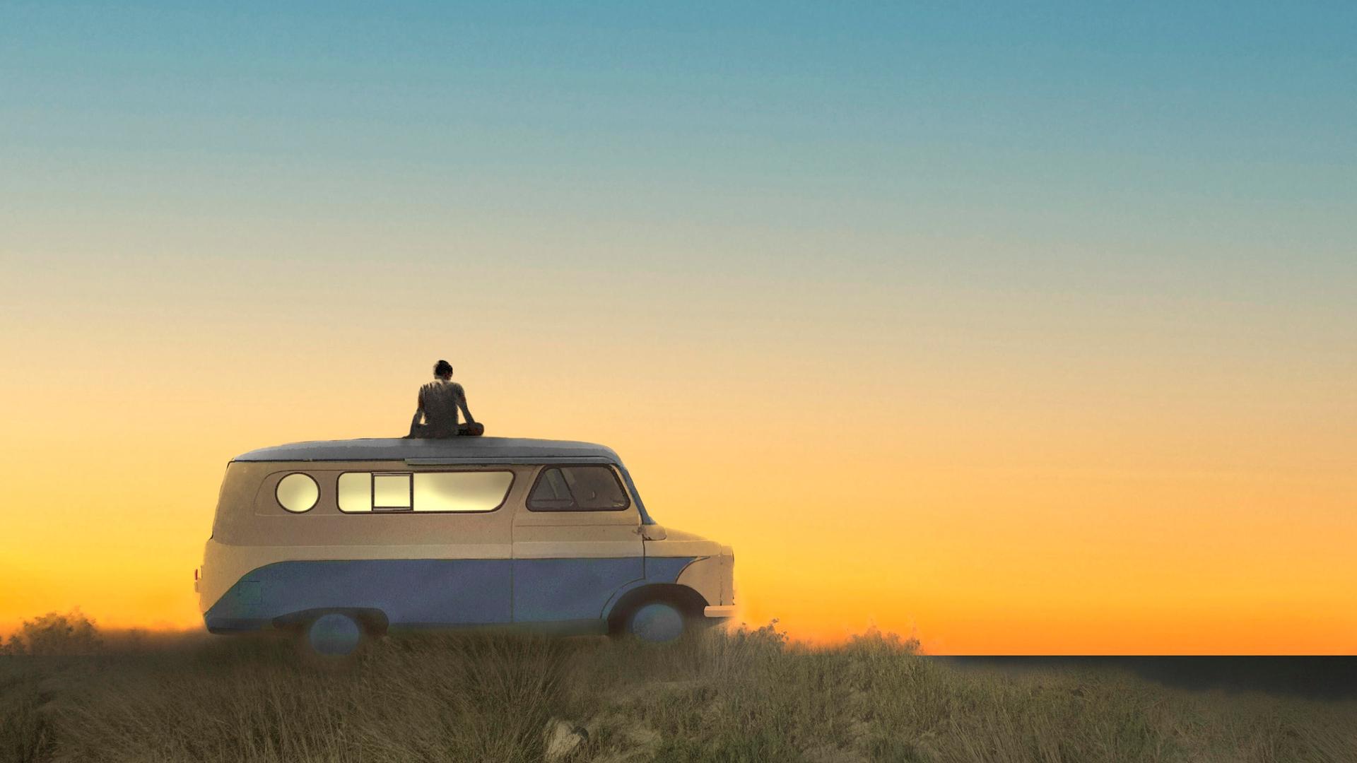Die Illustration of man sitting on top of camper van at sunrise