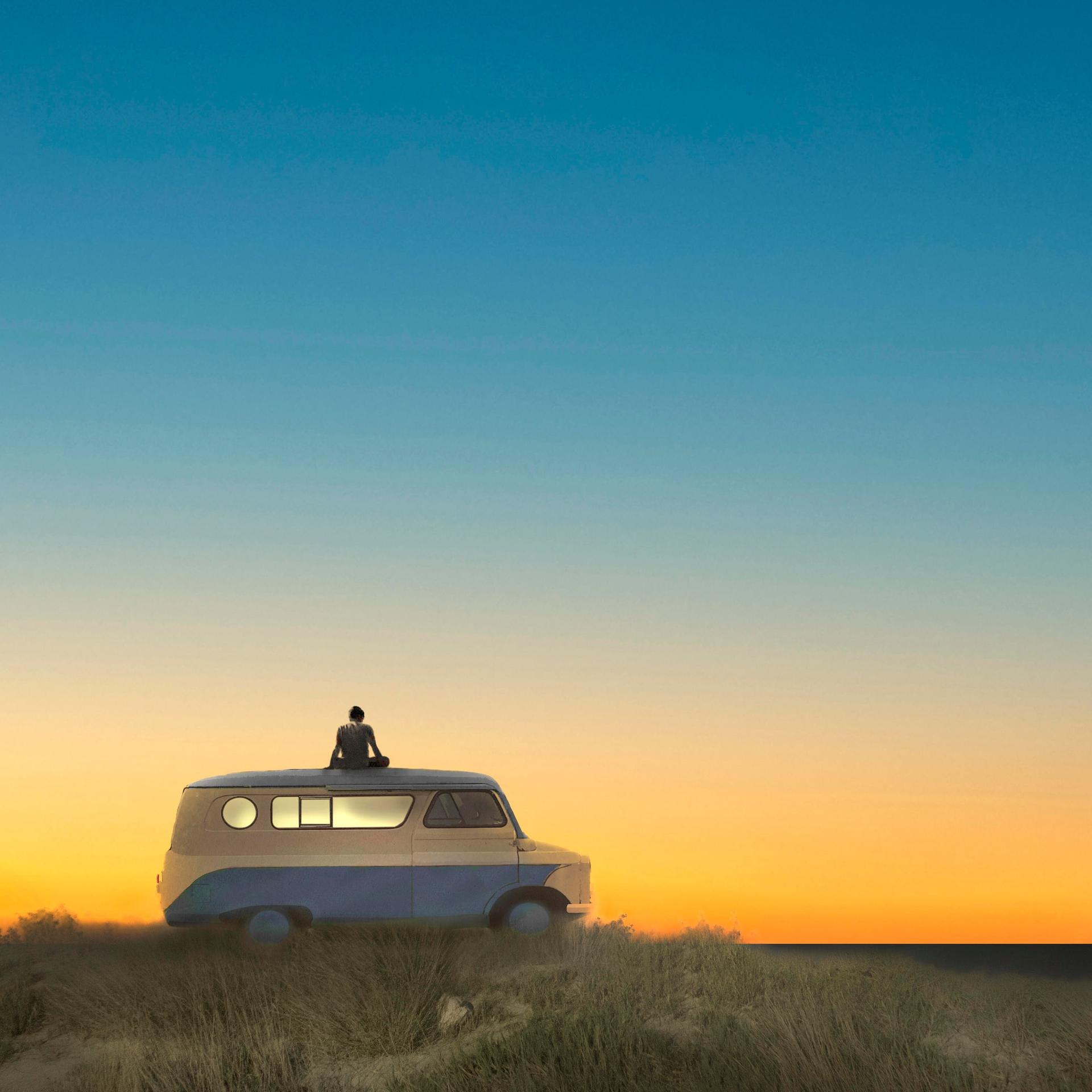 Die Illustration of man sitting on top of camper van at sunrise