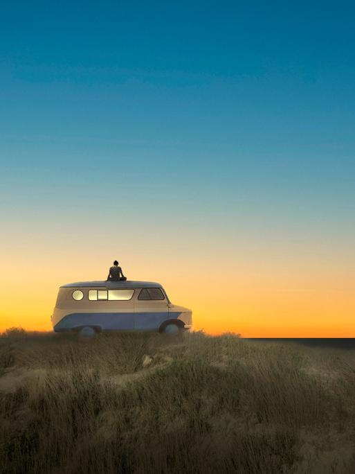 Die Illustration of man sitting on top of camper van at sunrise