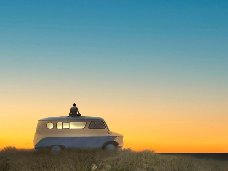 Die Illustration of man sitting on top of camper van at sunrise