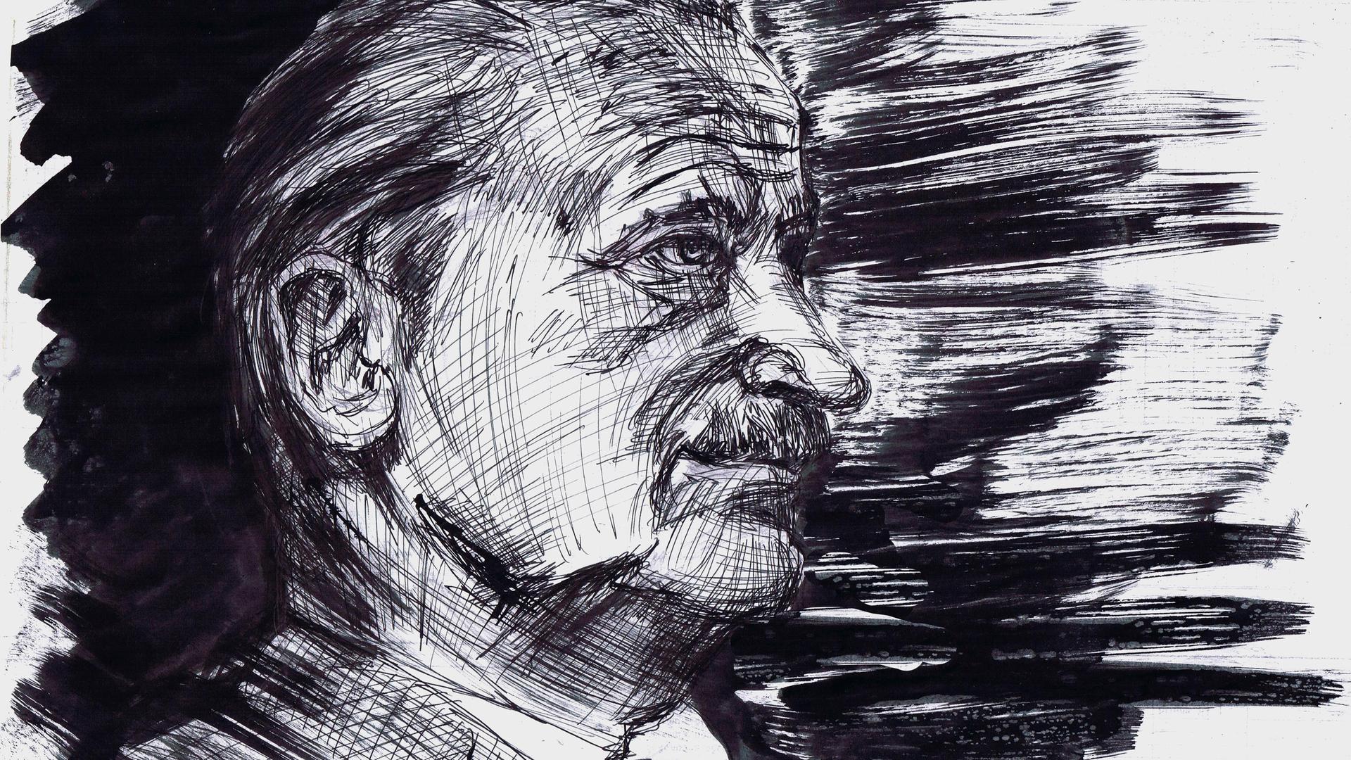 Zeichnung in schwarz-weiß zeigt Martin Heidegger Zeichnung in schwarz-weiß zeigt Martin Heidegger