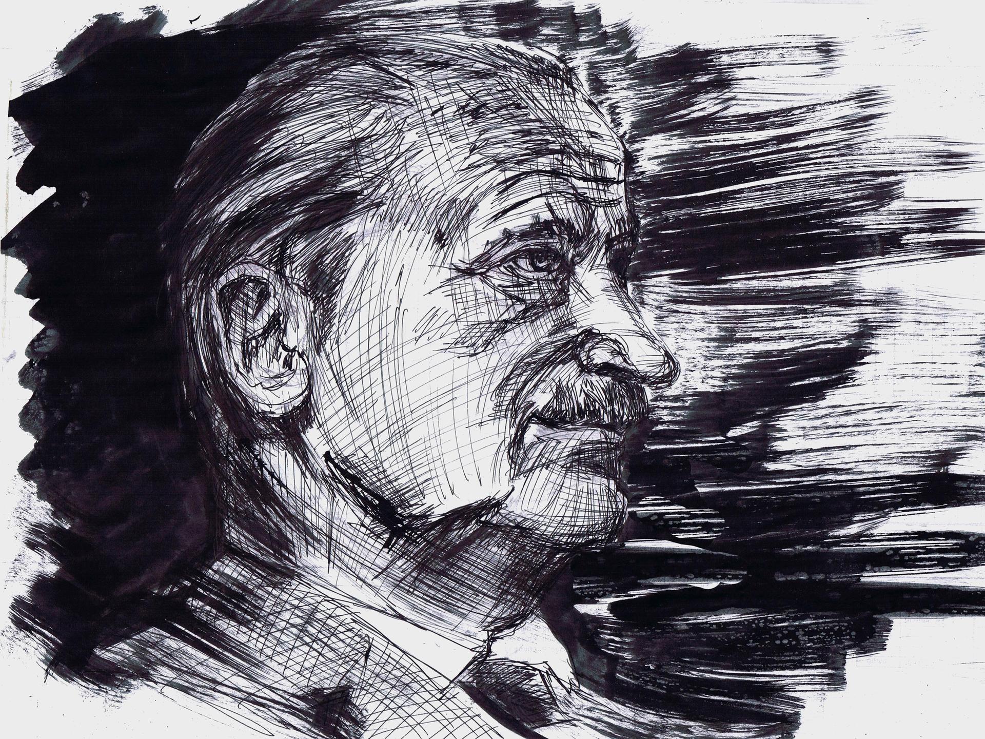 Zeichnung in schwarz-weiß zeigt Martin Heidegger