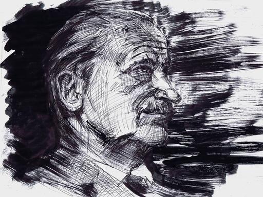 Zeichnung in schwarz-weiß zeigt Martin Heidegger