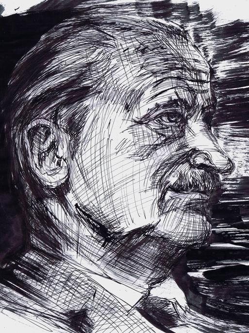 Zeichnung in schwarz-weiß zeigt Martin Heidegger Zeichnung in schwarz-weiß zeigt Martin Heidegger
