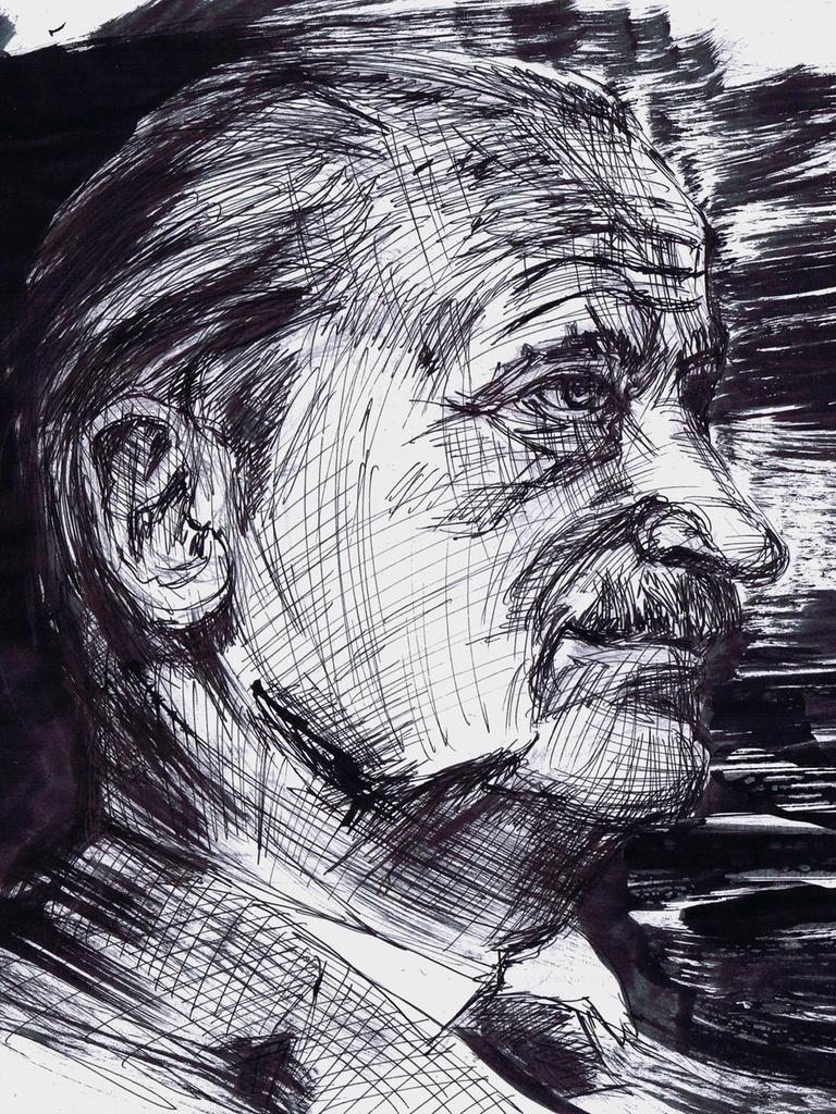 Zeichnung in schwarz-weiß zeigt Martin Heidegger