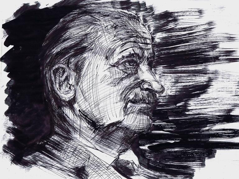 Zeichnung in schwarz-weiß zeigt Martin Heidegger Zeichnung in schwarz-weiß zeigt Martin Heidegger