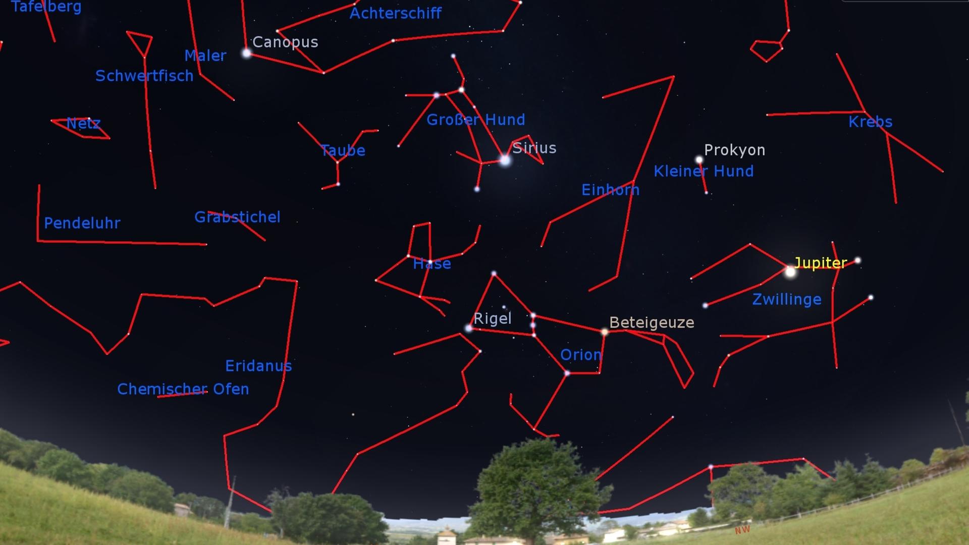 Aufnahme des Nachthimmels mit eingezeichneten Sternbildern