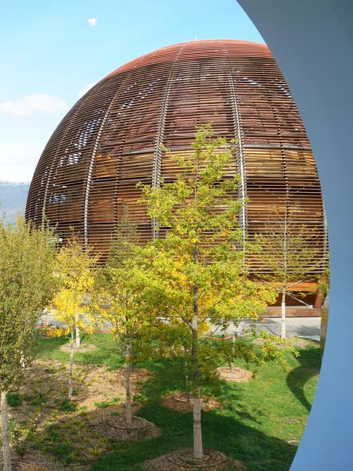 Kugelfärmiges Gebäude aus gebogenen Holzstreben, im Vordergrund sind Berge, im Hintergrund Bäume zu sehen.