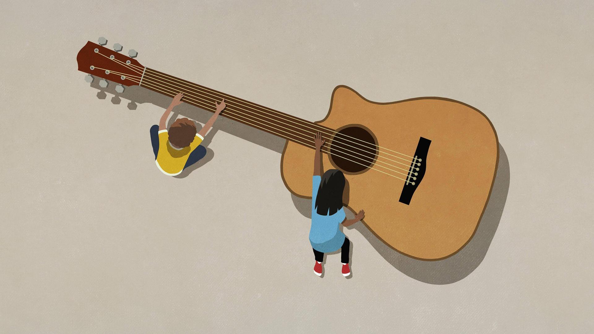 Illustration: Ein kleiner Junge und ein Mädchen spielen auf einer überdimensional großen Gitarre.