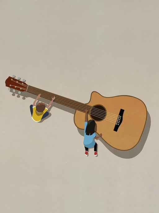 Illustration: Ein kleiner Junge und ein Mädchen spielen auf einer überdimensional großen Gitarre.