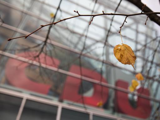 Ein einzelnes Blatt hängt an einem Zweig vor der CDU-Parteizentrale in Berlin.