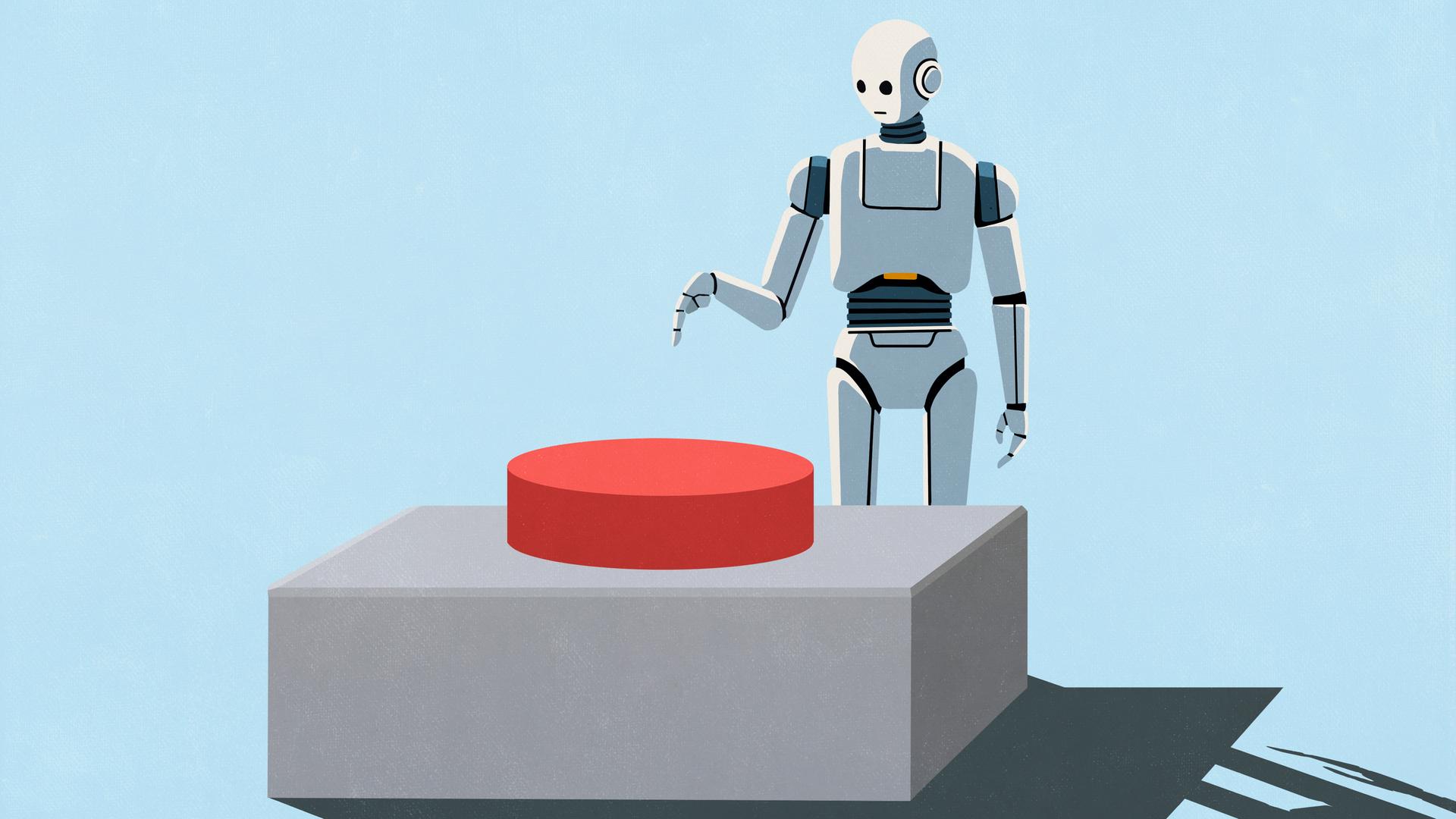 Illustration: Ein humanoider Roboter, der gerade dabei ist einen großen roten Panikknopf zu drücken