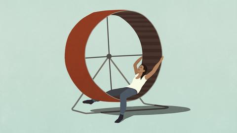 Illustration: Eine müde Person liegt in einem Hamsterrad.