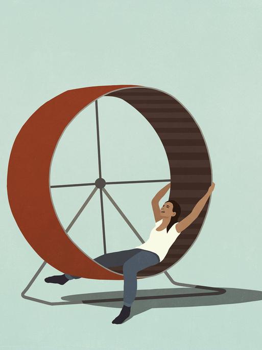Illustration: Eine müde Person liegt in einem Hamsterrad.