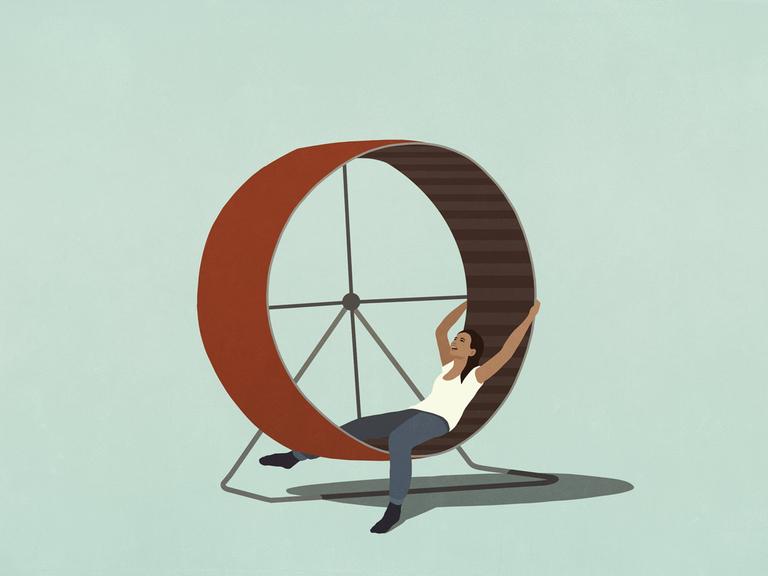Illustration: Eine müde Person liegt in einem Hamsterrad.