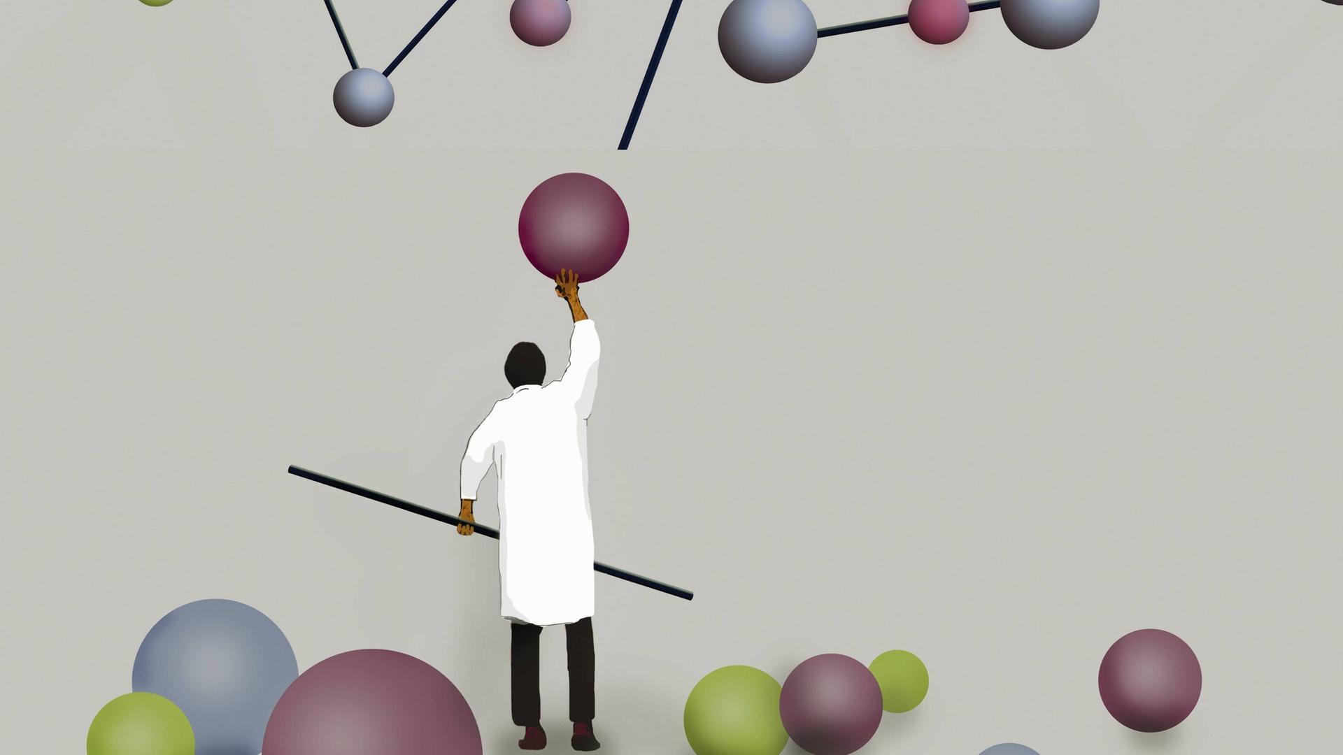 Illustration Ein Wissenschaftler baut ein Molekülmodell auf.