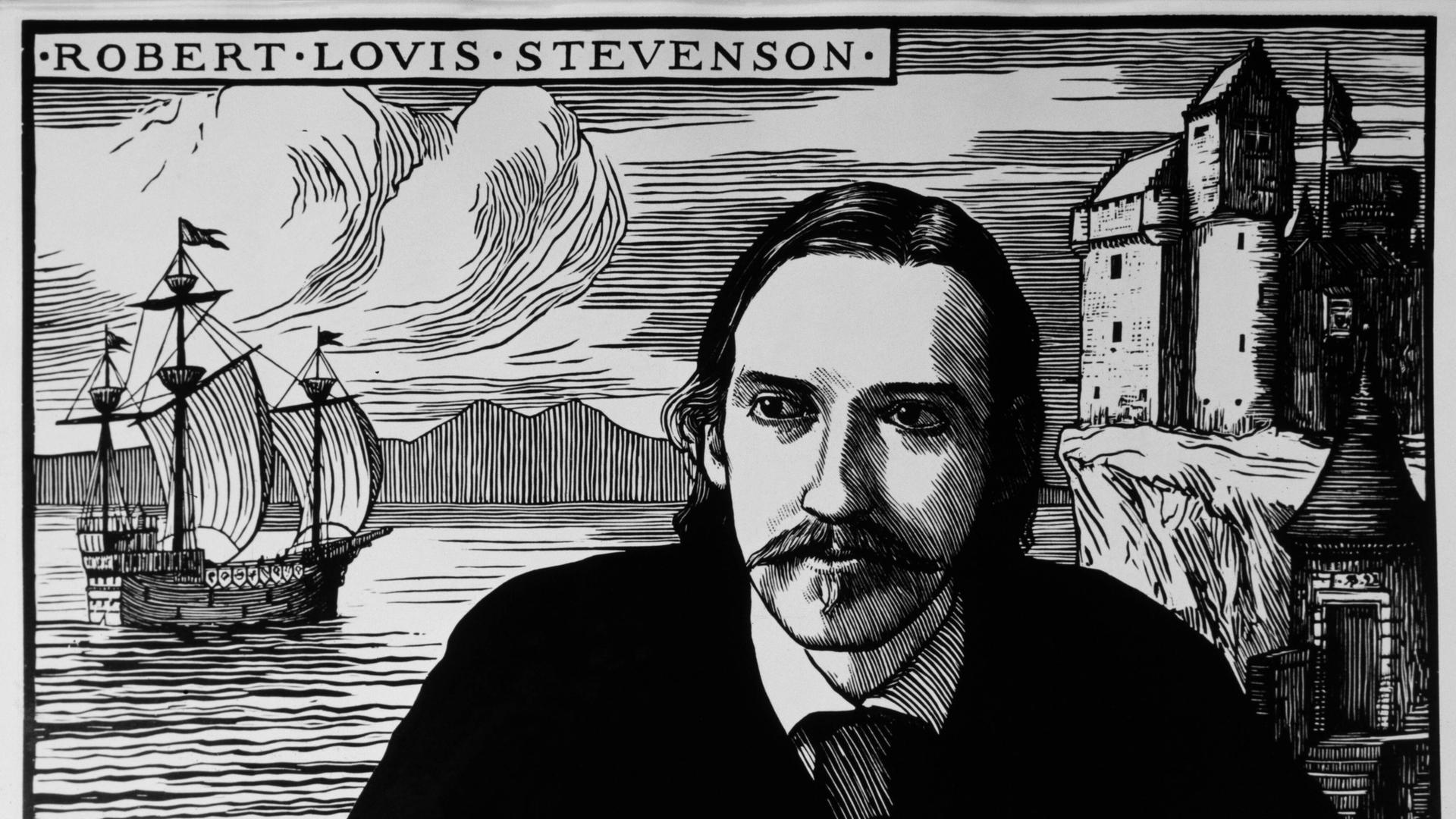 Robert L.Stevenson in einem historischen Holzschnitt, im Hintergrund sind eine Burg, das Meer und ein Schiff zu sehen