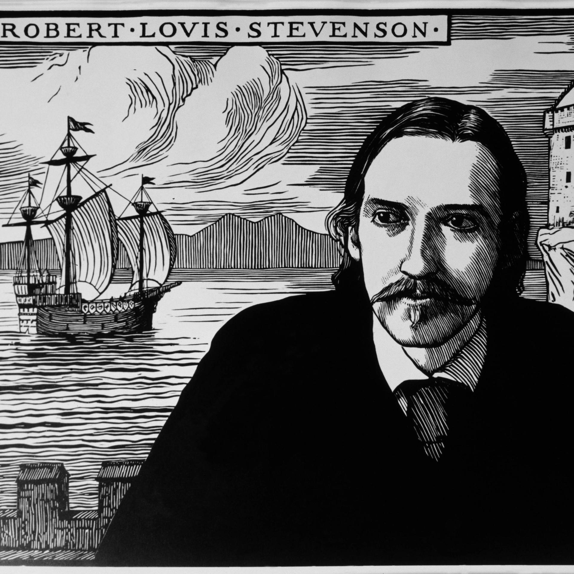 Robert L.Stevenson in einem historischen Holzschnitt, im Hintergrund sind eine Burg, das Meer und ein Schiff zu sehen