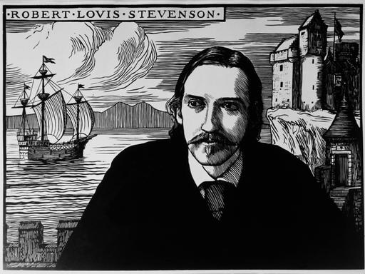 Robert L.Stevenson in einem historischen Holzschnitt, im Hintergrund sind eine Burg, das Meer und ein Schiff zu sehen