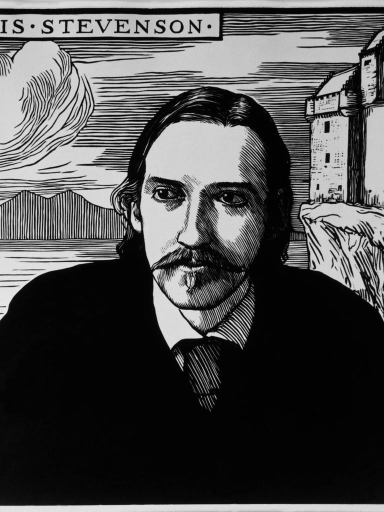 Robert L.Stevenson in einem historischen Holzschnitt, im Hintergrund sind eine Burg, das Meer und ein Schiff zu sehen