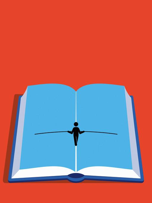Illustration eines Seiltänzers mit Stange auf einem aufgeschlagenen Buch
