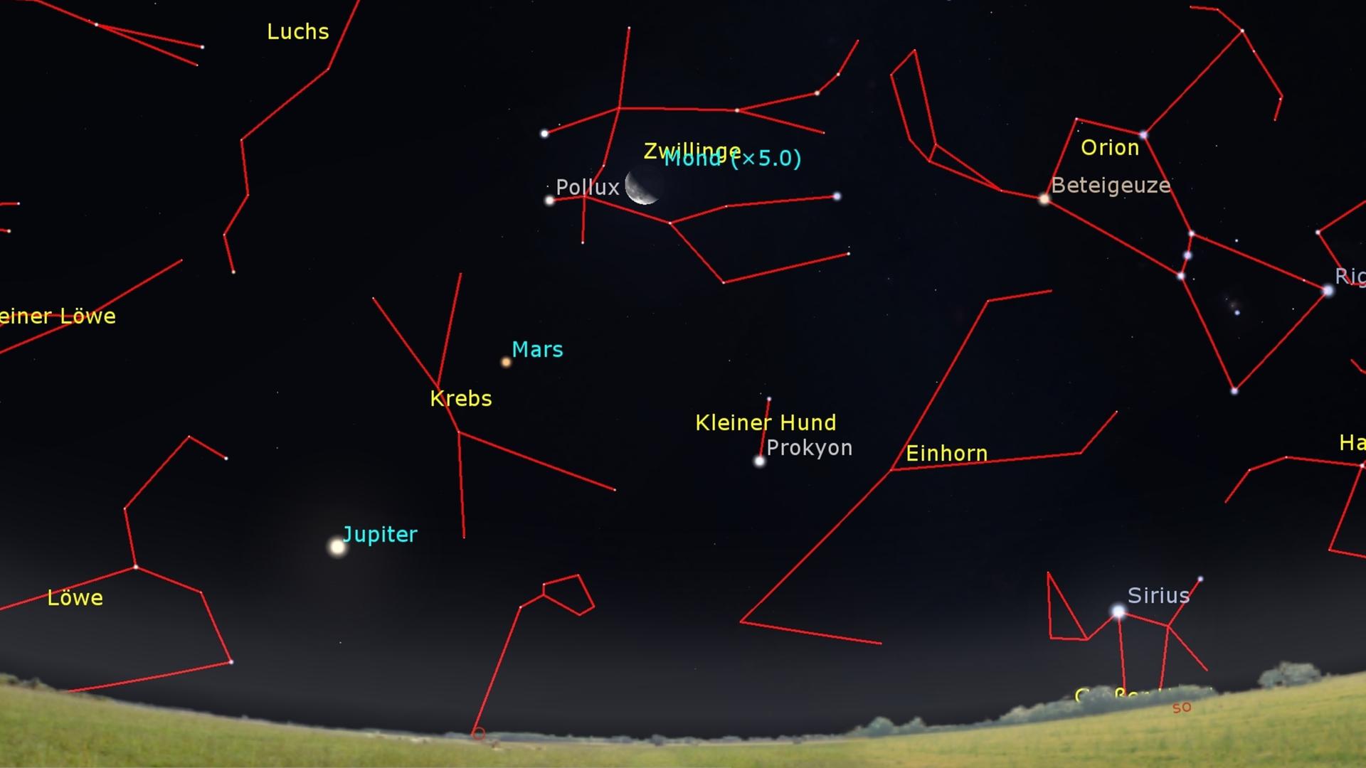 Auf einem Sternbild ist der Mond halb zu erkennen. Außerdem verschiedene Sternbilder wie Krebs und Einhorn.