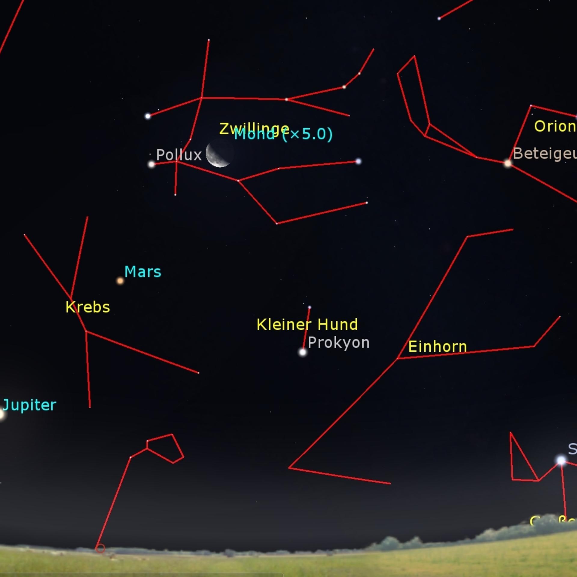 Himmlische Dreierkette - Mondsichel bei Mars und Jupiter