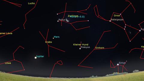Auf einem Sternbild ist der Mond halb zu erkennen. Außerdem verschiedene Sternbilder wie Krebs und Einhorn.